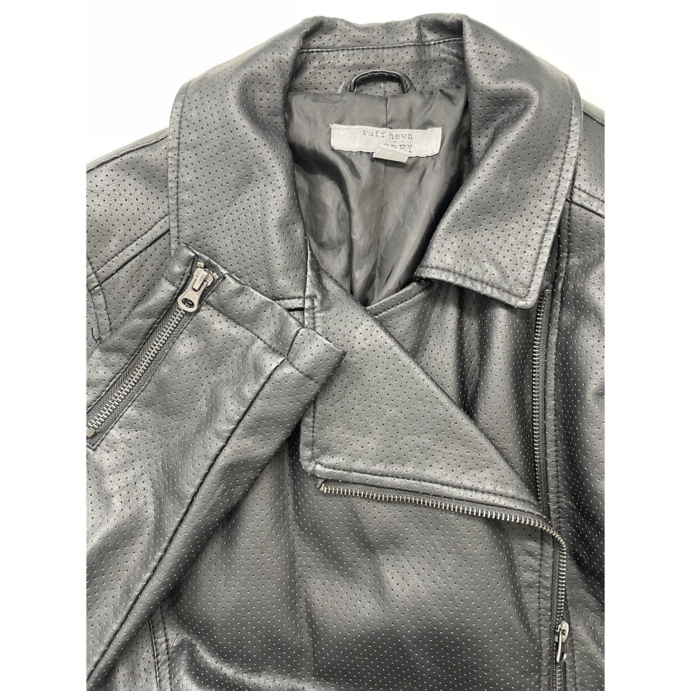 Y2K Moto-Style Black Faux Leather Jacket Perforated Zip Pockets Size M